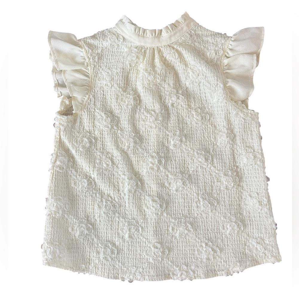 Voy Women’s Cream Floral Textured Ruffle Sleeve Top Sz S - Picture 3 of 9